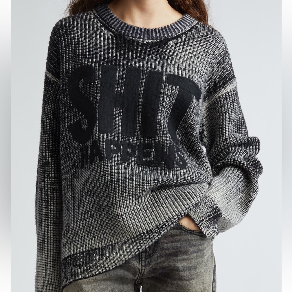 New R13 Oversize Merino Wool Sweater In Distressed Black Shit Happens Size S/XS